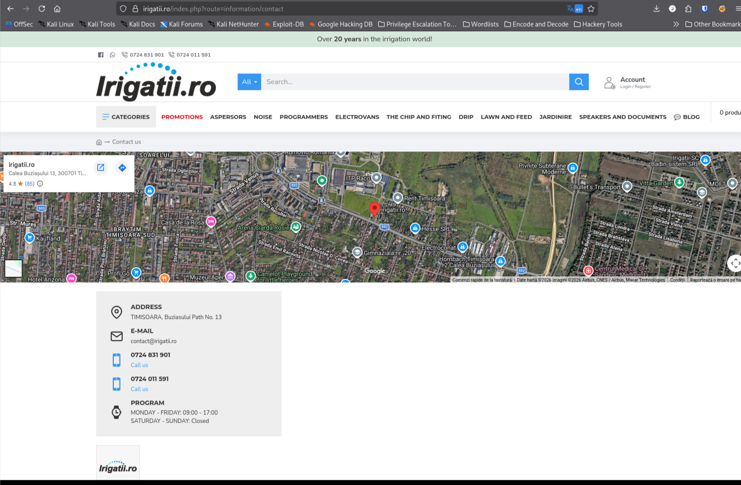 Irigatii.ro contact page showing business address and lush surrounding greenery